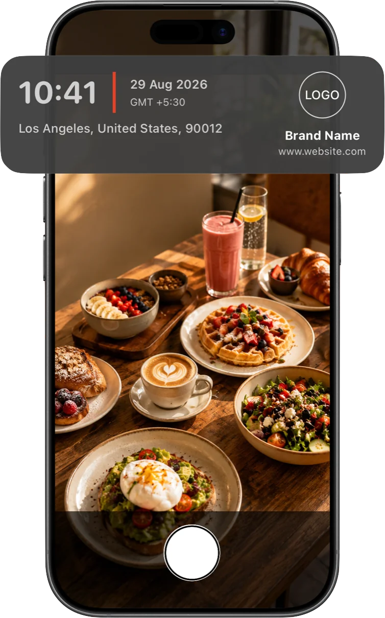 A stamped photo of a breakfast table branded with a custom logo, business name, and website